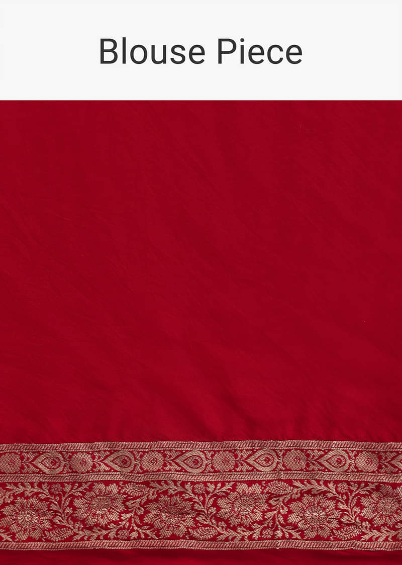 Red Banarasi Silk Saree With Woven Floral Motifs And Unstitched Blouse Piece
