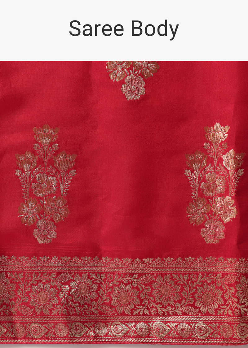 Red Banarasi Silk Saree With Woven Floral Motifs And Unstitched Blouse Piece