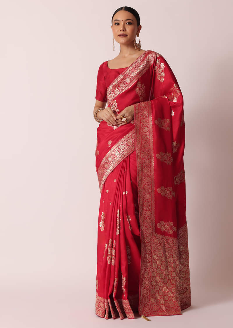 Red Banarasi Silk Saree With Woven Floral Motifs And Unstitched Blouse Piece