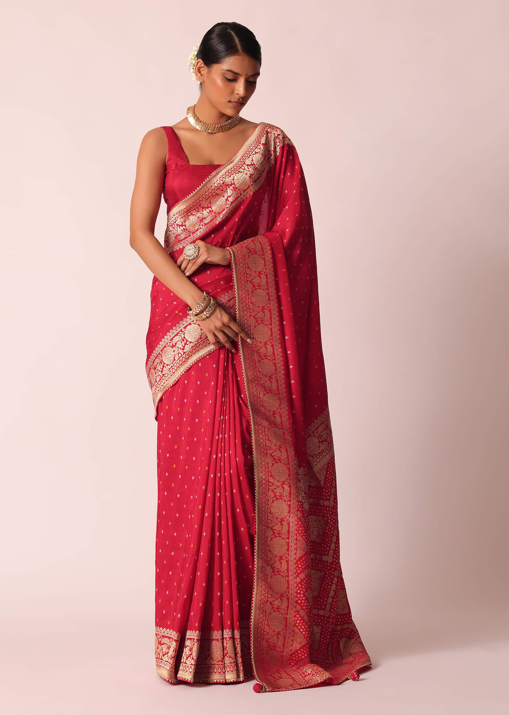 Buy Red Bandhani Saree With Weave Detail And Unstitched Buy Red Bandhani Saree With Weave Detail And Unstitched