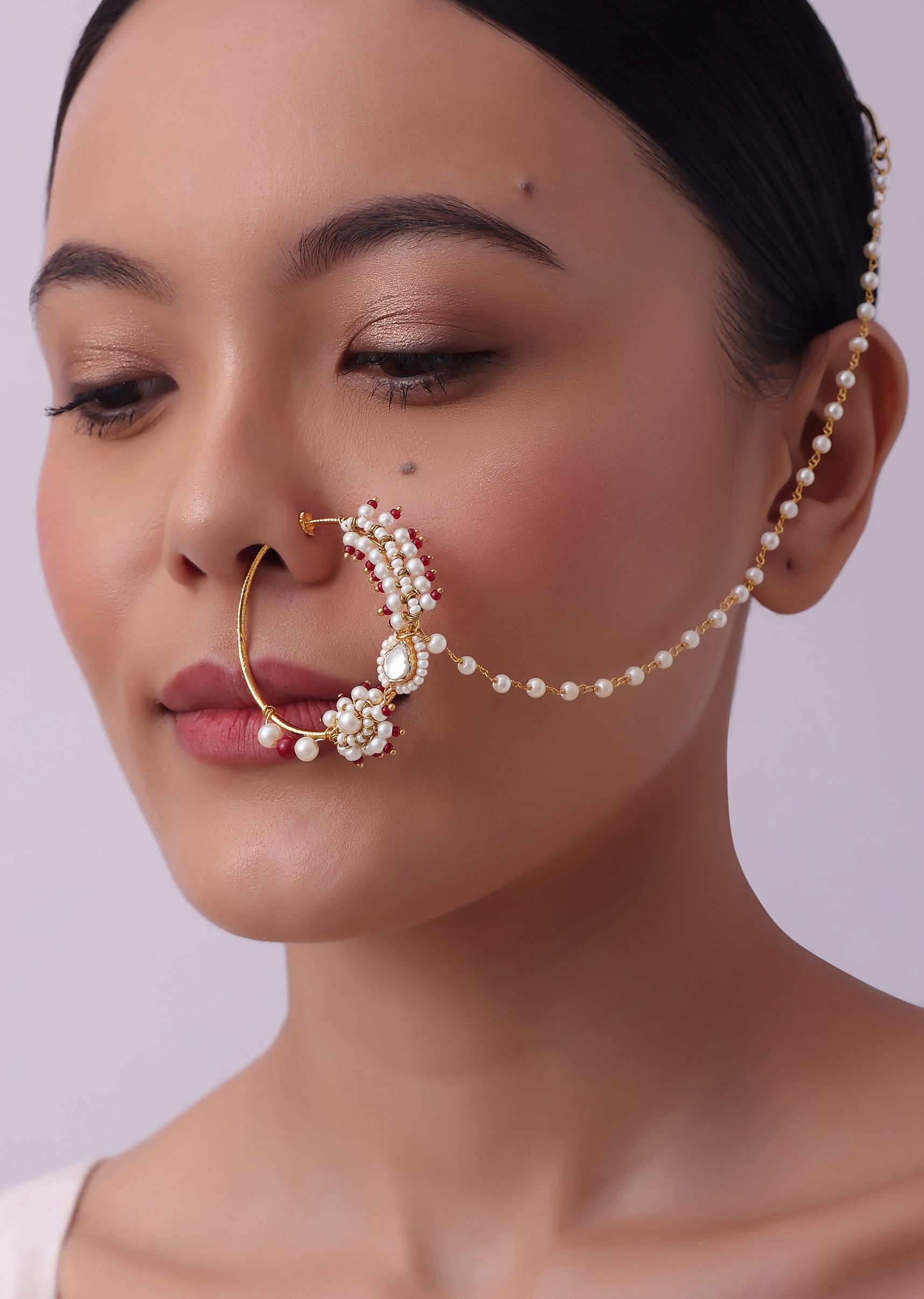Buy Gold Finish Kundan Polki Nath With Synthetic Ruby Stones And Beads KALKI Fashion Global