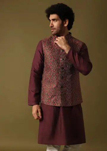 Red Cotton Kurta Jacket Set With Resham Work For Men