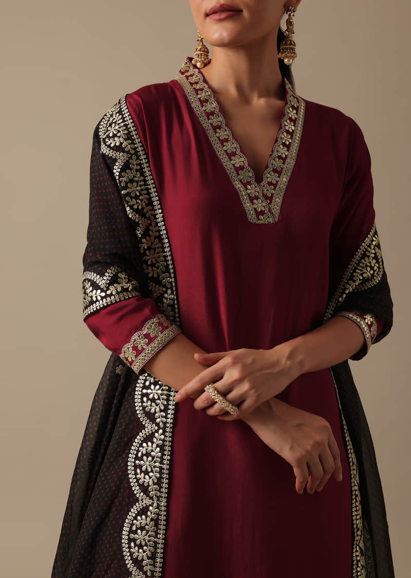 Buy Red Cotton Silk Kurta Set With Gota Patti Trims KALKI Fashion Global