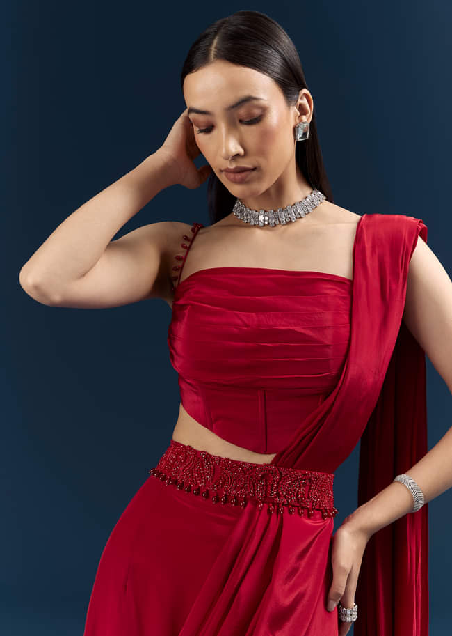 Red Crepe Ready Pleated Saree With Heavy Embroidery