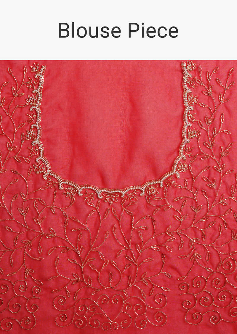 Red Cut Work Organza Saree With Unstitched Blouse