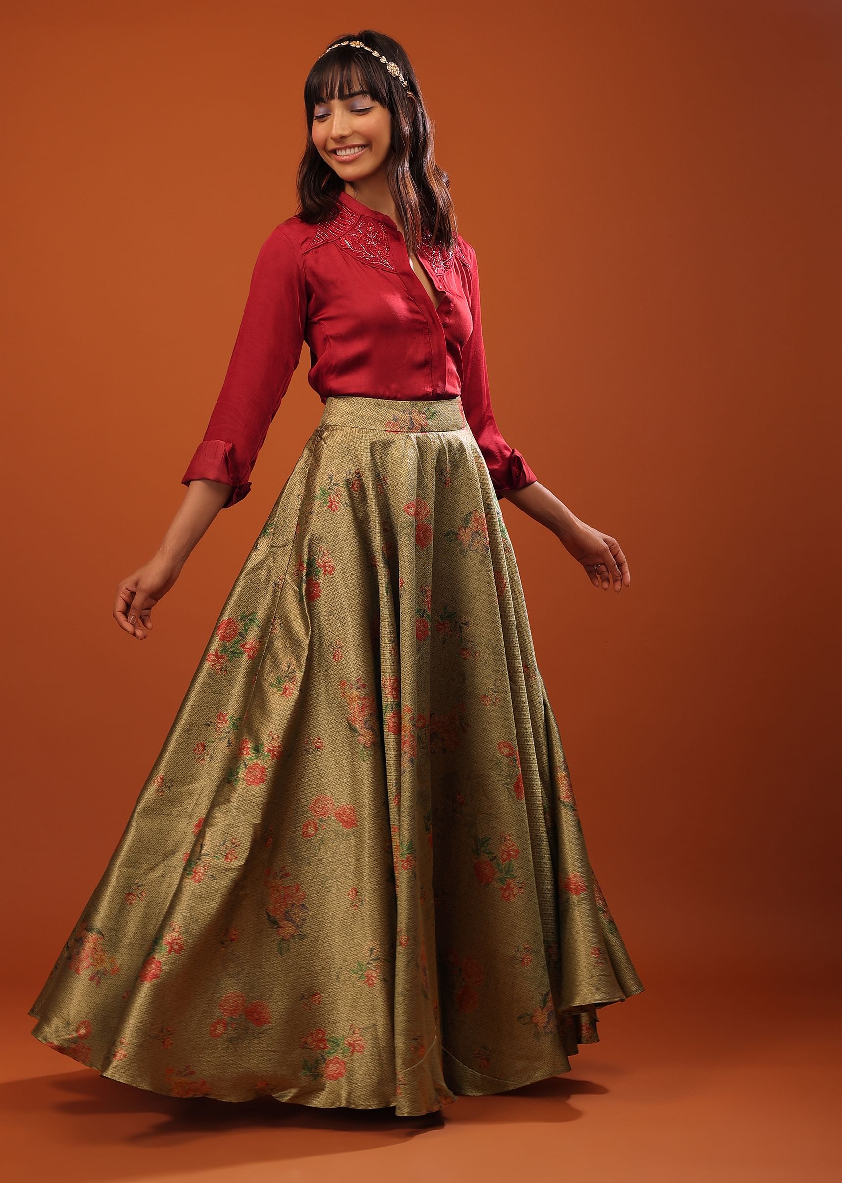 Buy Fiery Dola Silk Shirt And Tea Green Banarasi Brocade Skirt With Floral Motifs