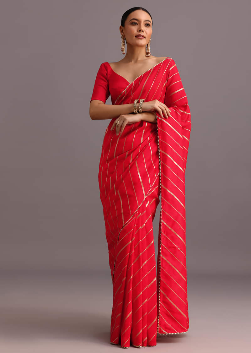 Red Dola Silk Woven Leheriya Saree With Gotta Patti Border