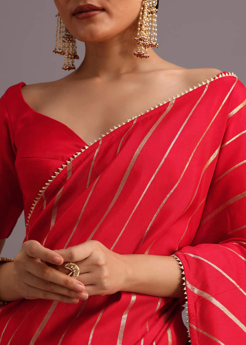 Red Dola Silk Woven Leheriya Saree With Gotta Patti Border