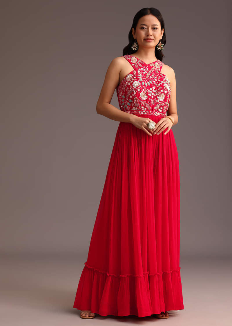 Red Embroidered Jumpsuit With Belt