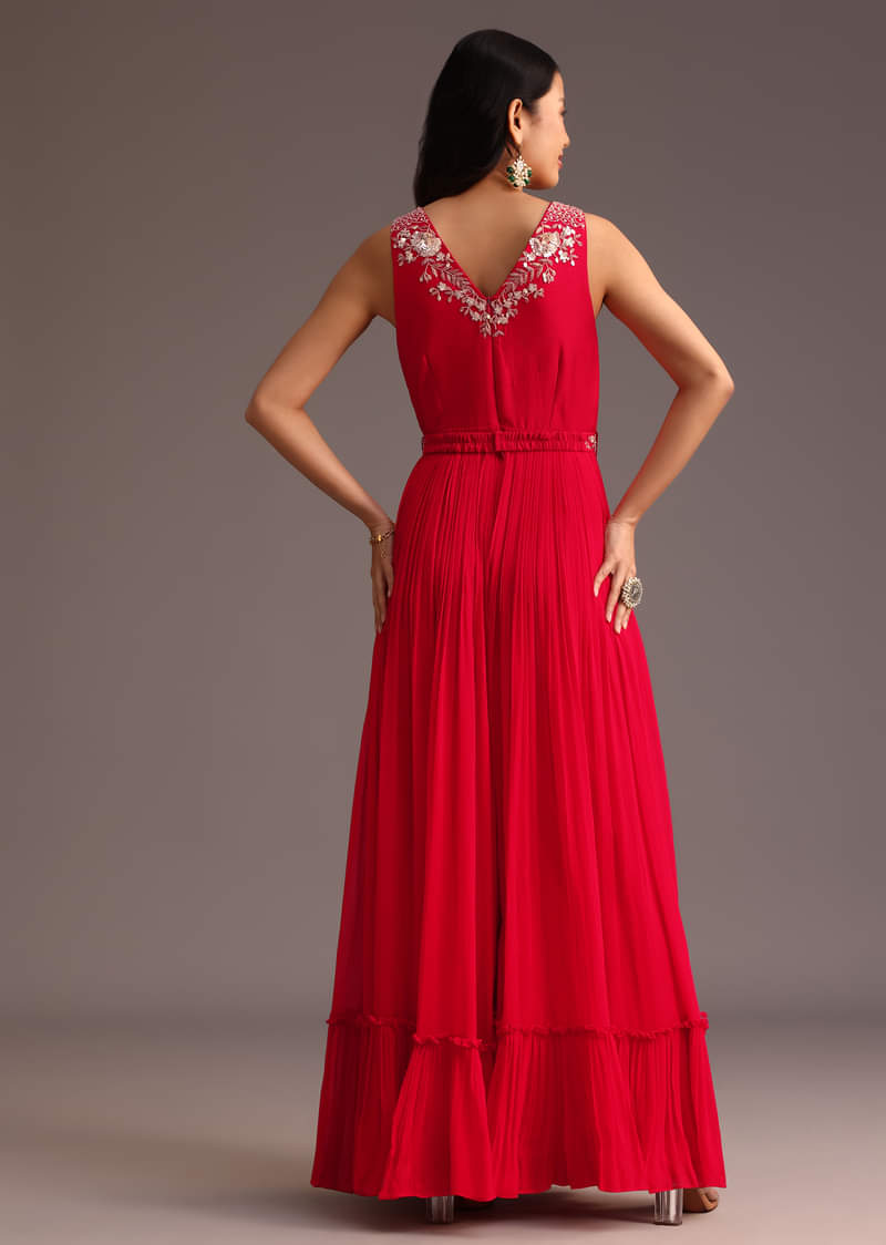 Red Embroidered Jumpsuit With Belt