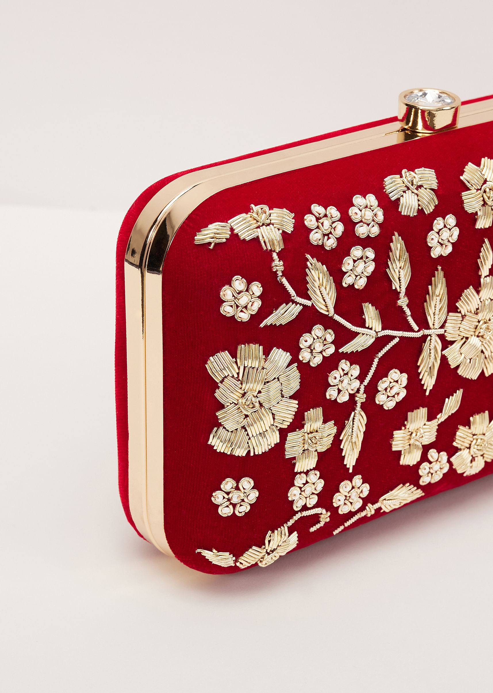 Buy Apple Red Floral Clutch On Silk Fabric With Zardosi Work KALKI Fashion Global