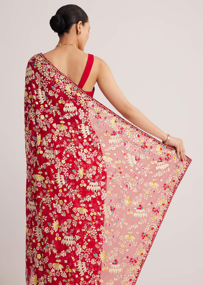 Red Georgette Parsi Gara Saree With Multicolor Thread Embroidery