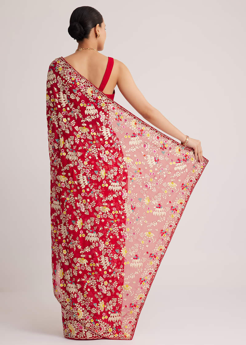 Red Georgette Parsi Gara Saree With Multicolor Thread Embroidery