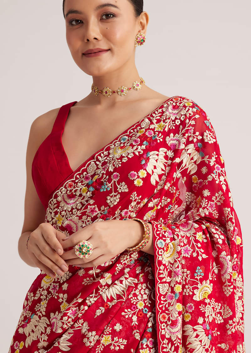 Red Georgette Parsi Gara Saree With Multicolor Thread Embroidery