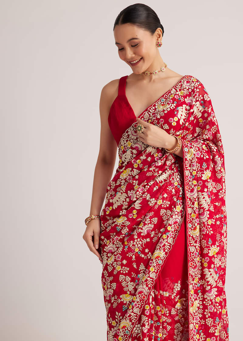 Red Georgette Parsi Gara Saree With Multicolor Thread Embroidery