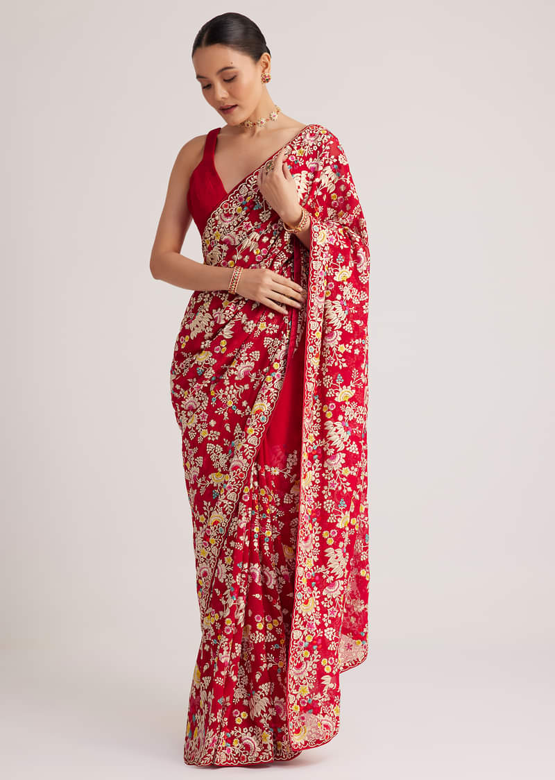 Red Georgette Parsi Gara Saree With Multicolor Thread Embroidery
