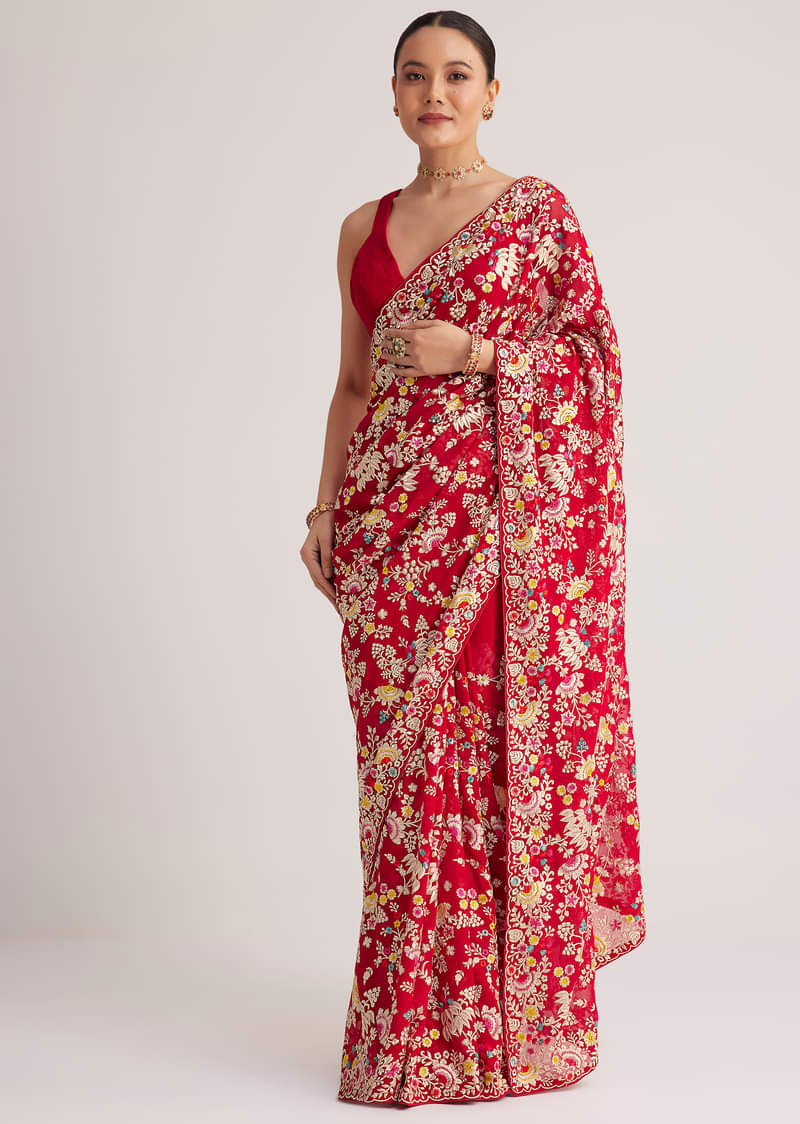 Red Georgette Parsi Gara Saree With Multicolor Thread Embroidery