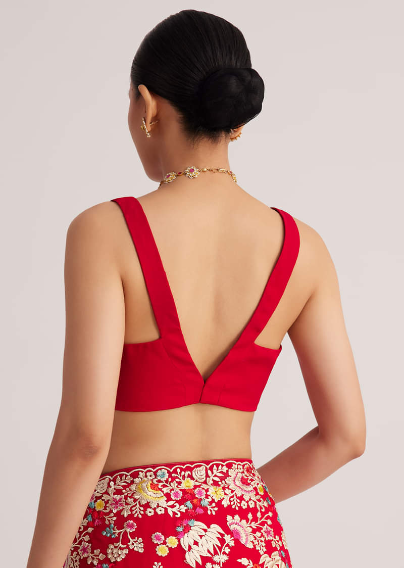 Red Georgette Parsi Gara Saree With Multicolor Thread Embroidery