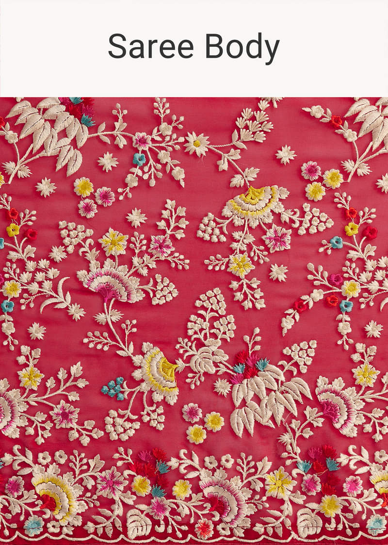 Red Georgette Parsi Gara Saree With Multicolor Thread Embroidery