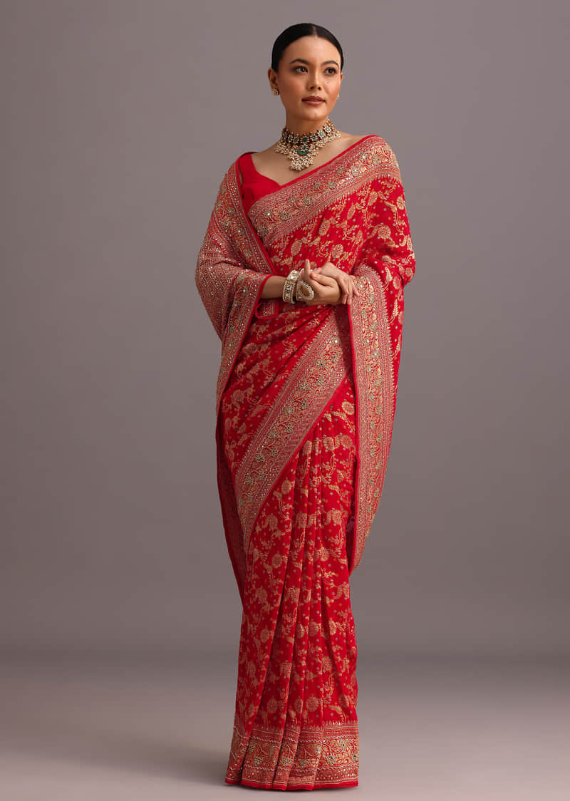 Buy Red Woven Saree With Bandhani Jaal Work KALKI Fashion
