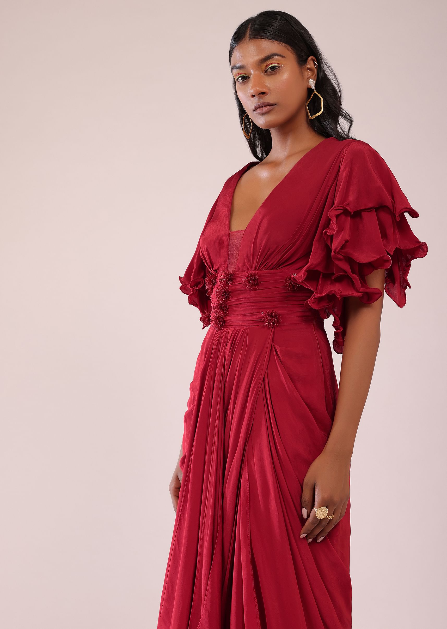 Buy Red Saree Gown In Crepe With Frill Sleeves And Delicate Hand Embroidery KALKI Fashion India