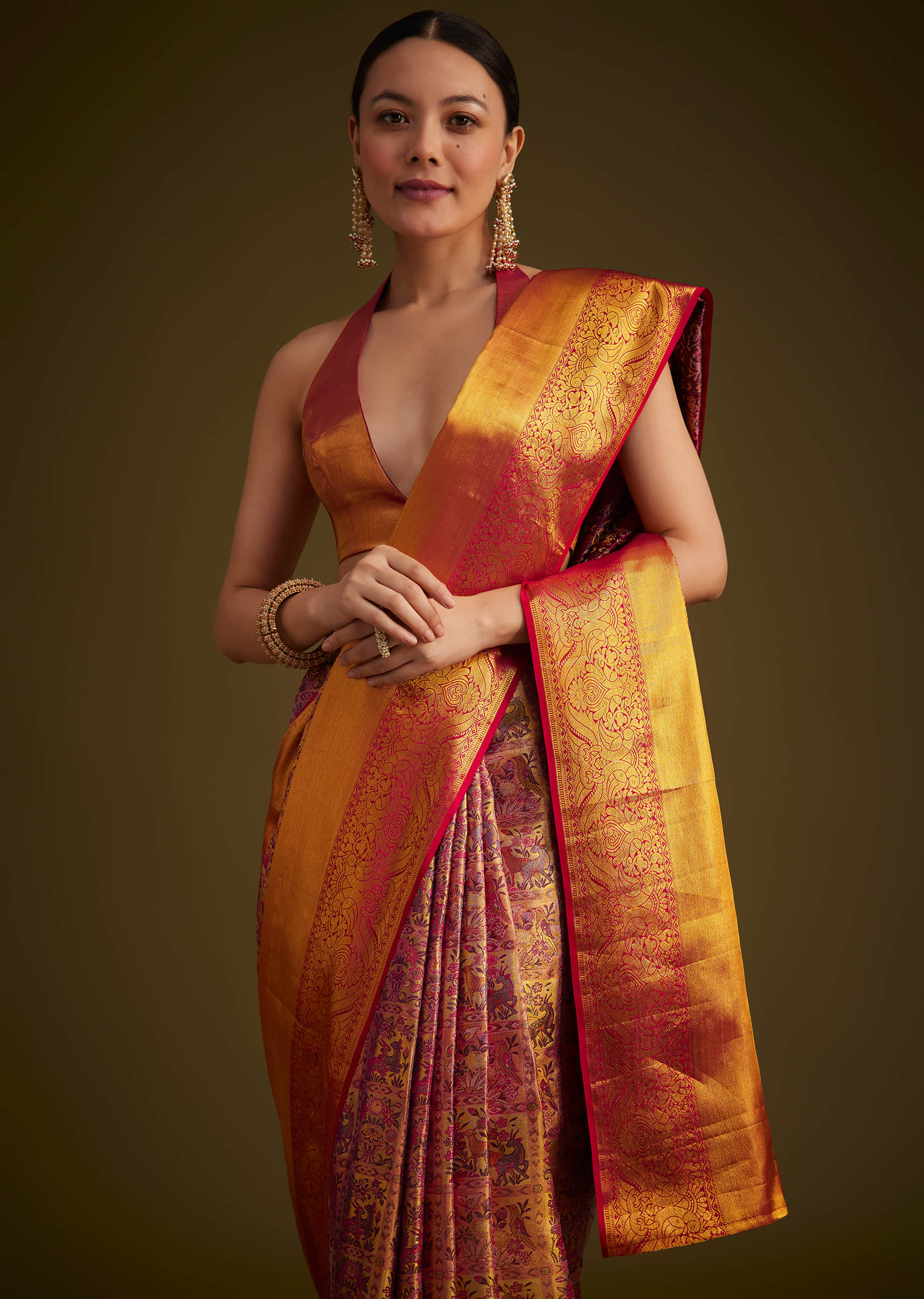 Buy Red Kanjivaram Silk Saree With Golden Zari Border