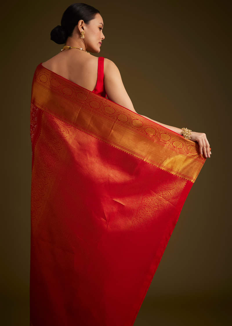 Red Kanjivaram Silk Saree With Golden Zari Detailing