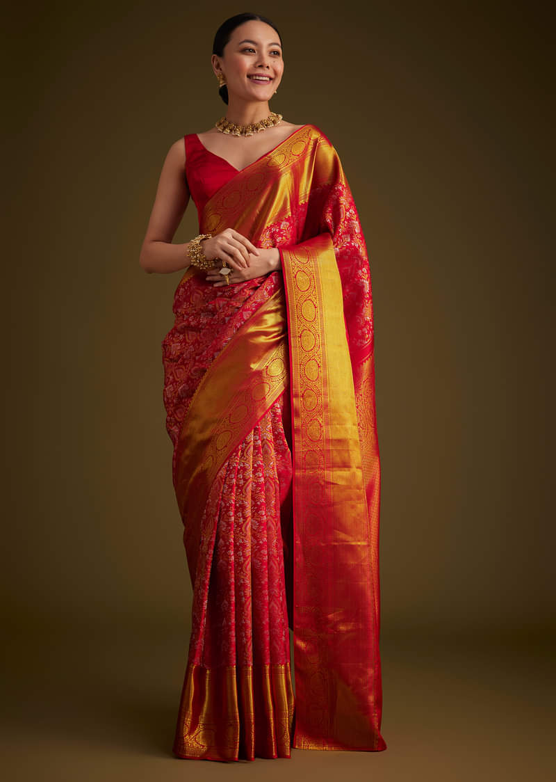 Red Kanjivaram Silk Saree With Golden Zari Detailing