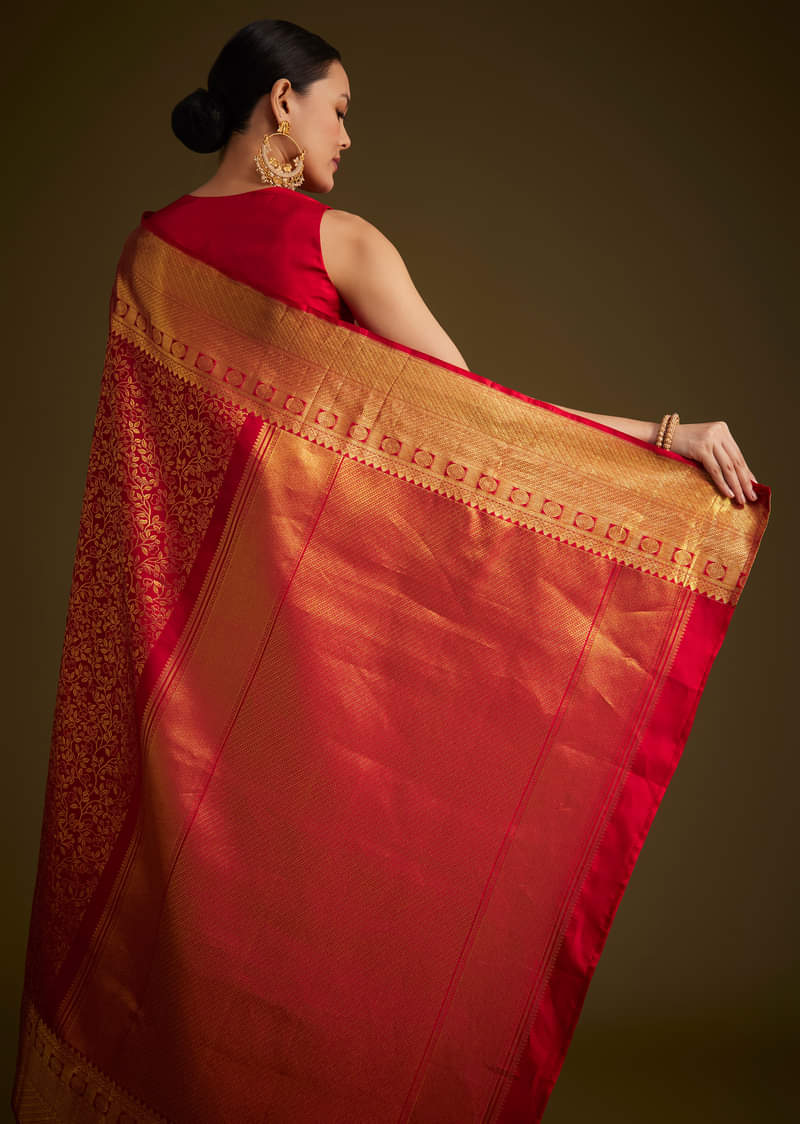 Red Kanjivaram Silk Saree With Golden Zari Woven Border