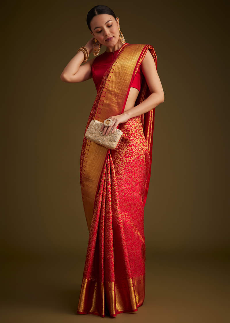 Red Kanjivaram Silk Saree With Golden Zari Woven Border