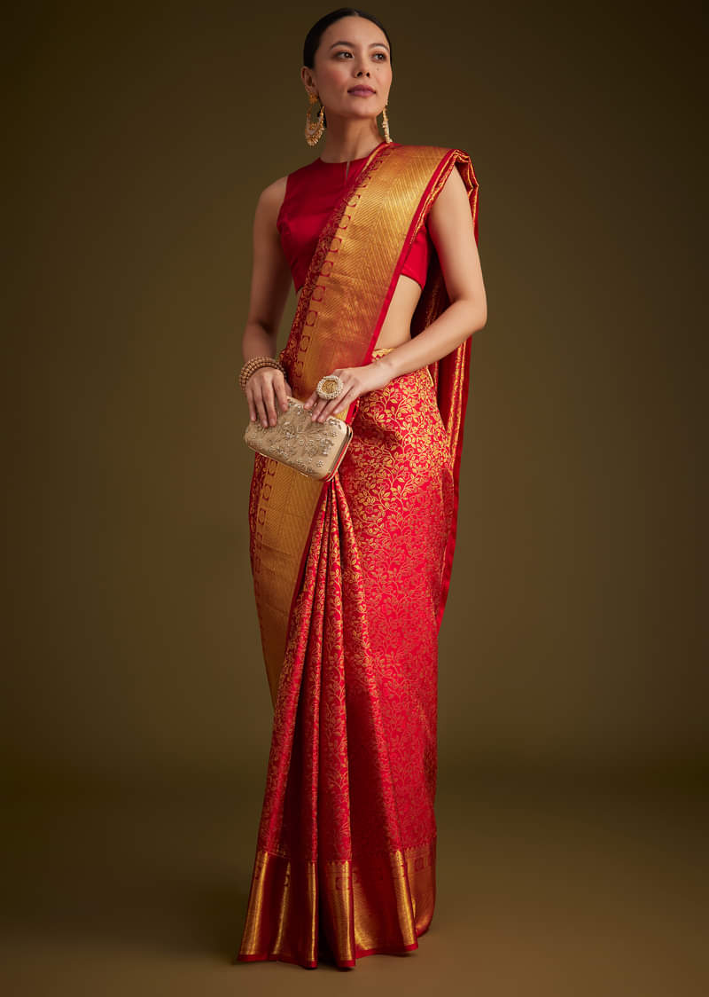 Red Kanjivaram Silk Saree With Golden Zari Woven Border