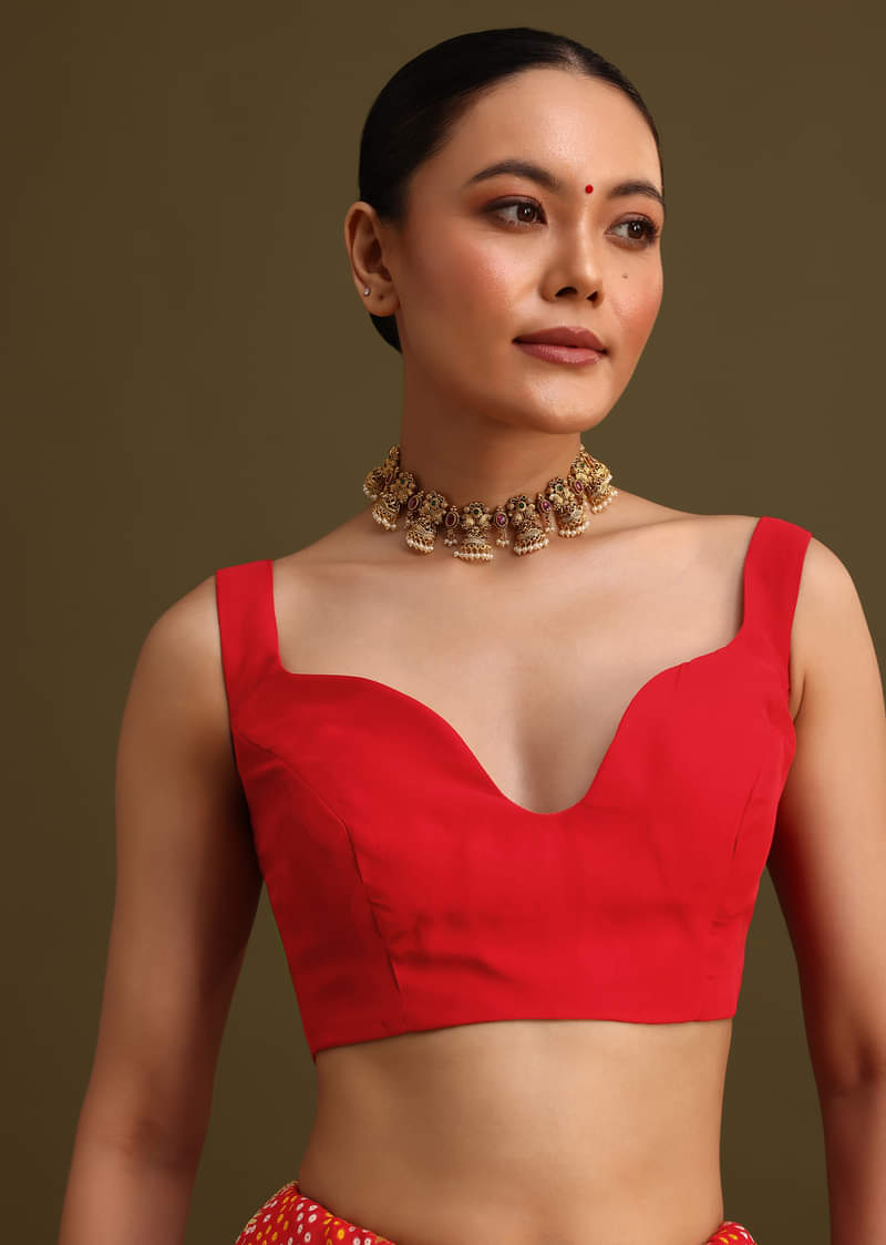 Red Khaddi Georgette Saree With Gotta Patti Border And Unstitched Blouse