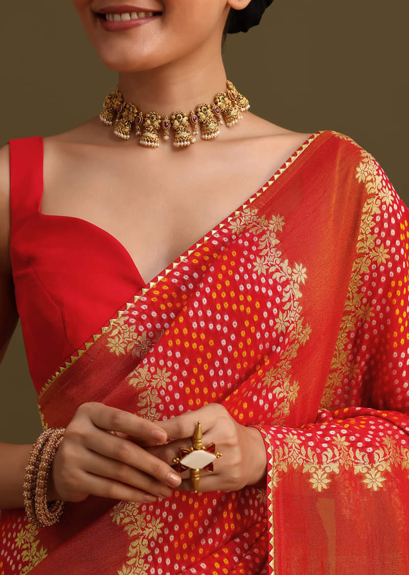 Red Khaddi Georgette Saree With Gotta Patti Border And Unstitched Blouse