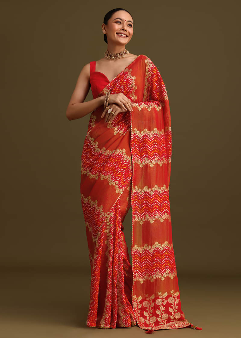 Red Khaddi Georgette Saree With Gotta Patti Border And Unstitched Blouse