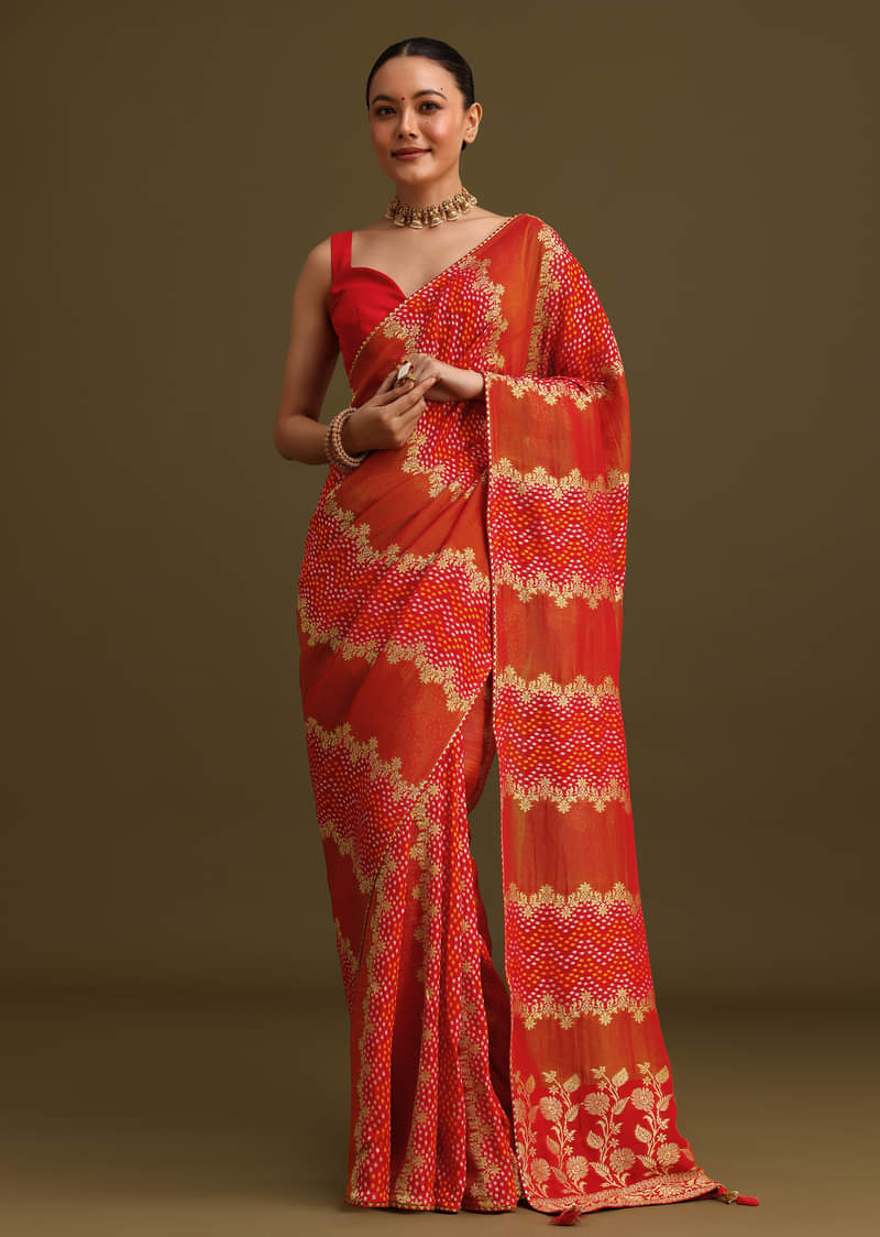 Red Khaddi Georgette Saree With Gotta Patti Border And Unstitched Blouse