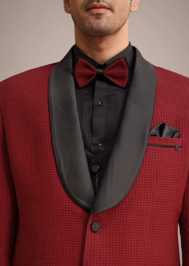Red Knit Tuxedo Set With Pocket Square
