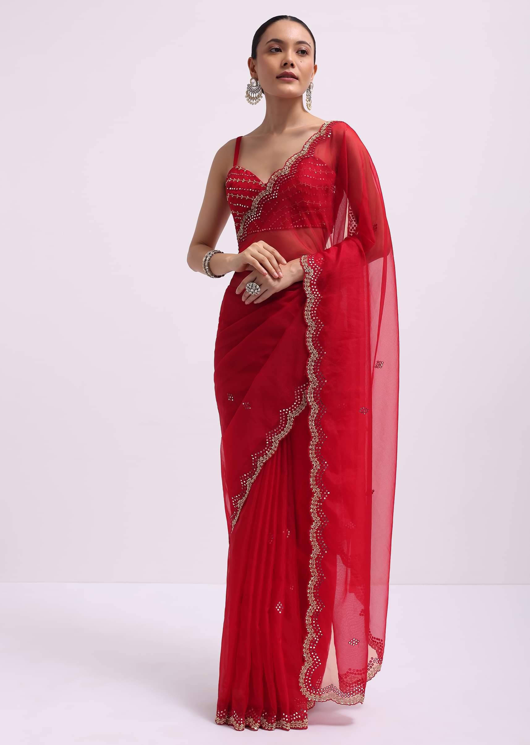 Buy Red Mirror Embellished Organza Saree With Unstitched Blouse
