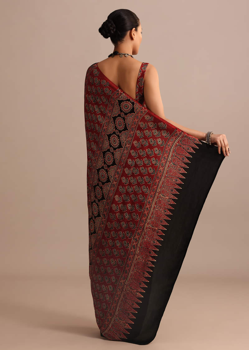 Red Modal Satin Ajrakh Handblock Printed Saree