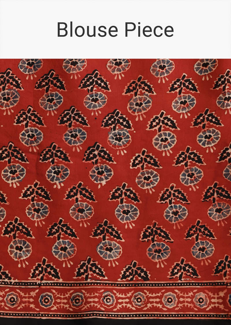 Red Modal Satin Ajrakh Handblock Printed Saree