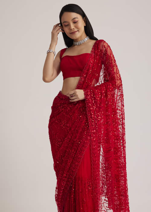 Buy Red Net Saree With Sequins And Stone Detailing| KALKI Fashion
