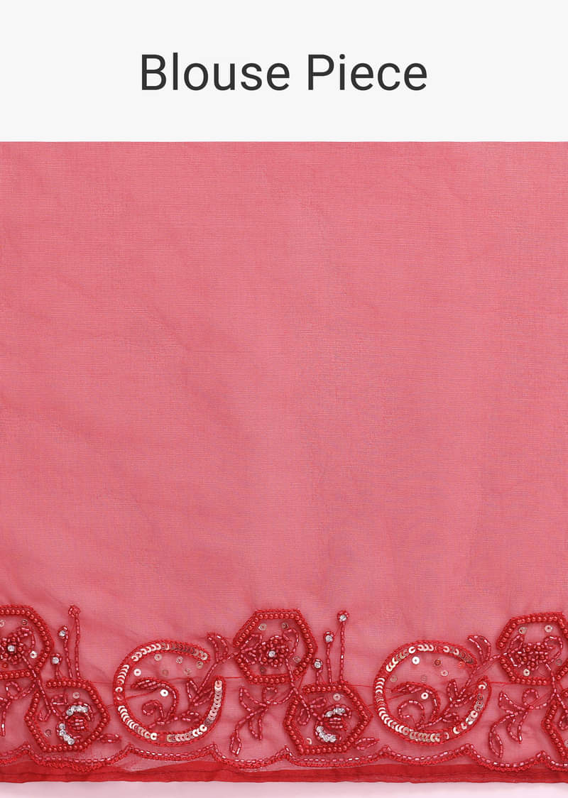 Red Organza Saree In Sequins With Unstitched Blouse