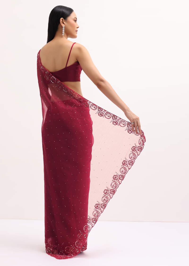 Red Organza Saree In Sequins With Unstitched Blouse