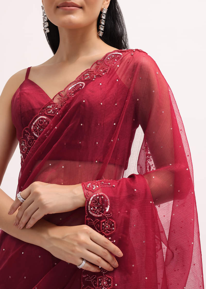 Red Organza Saree In Sequins With Unstitched Blouse