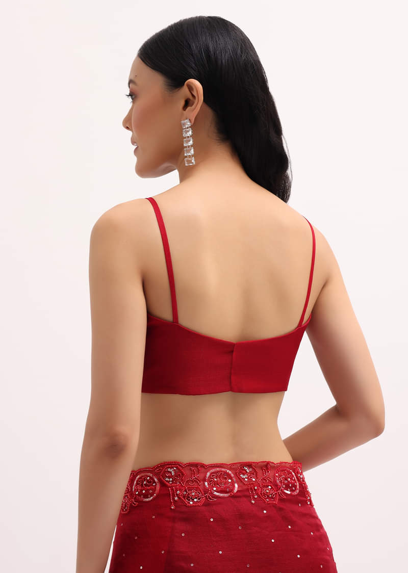Red Organza Saree In Sequins With Unstitched Blouse
