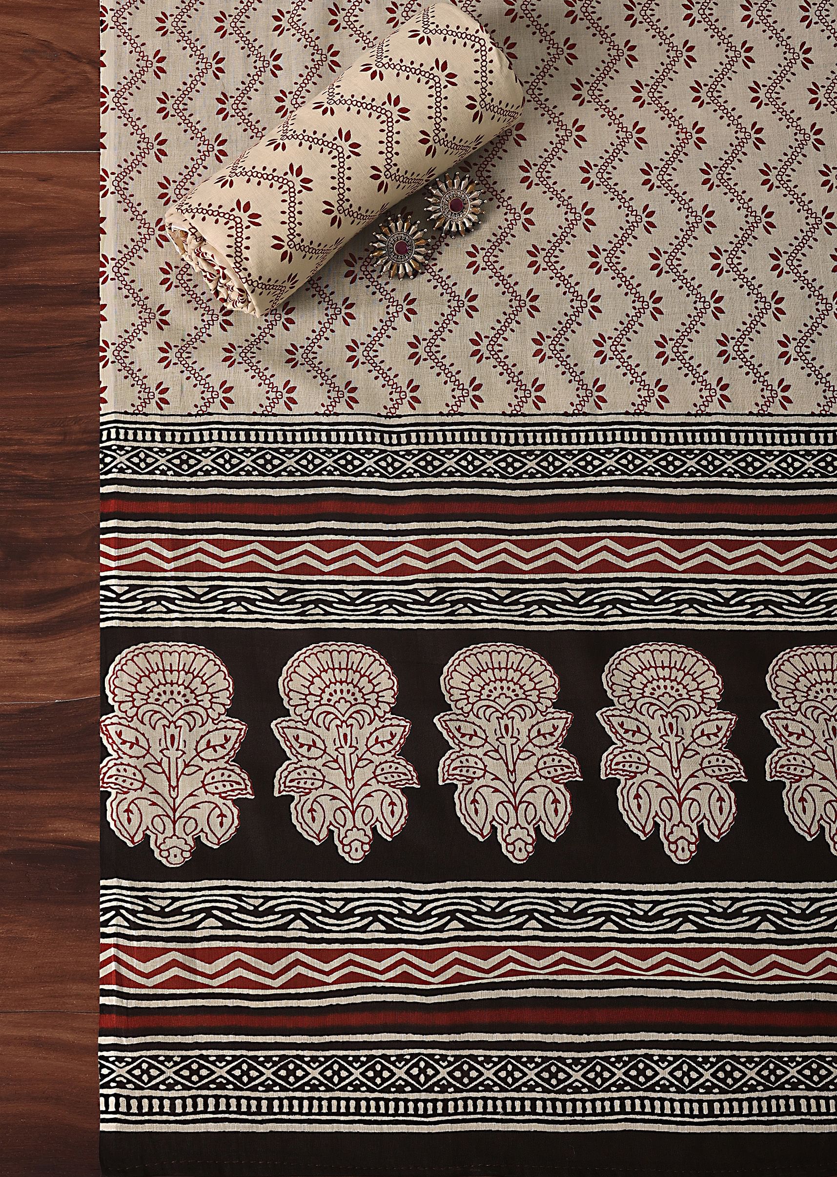 Buy Red Cotton Block Print Unstitched Dress Material