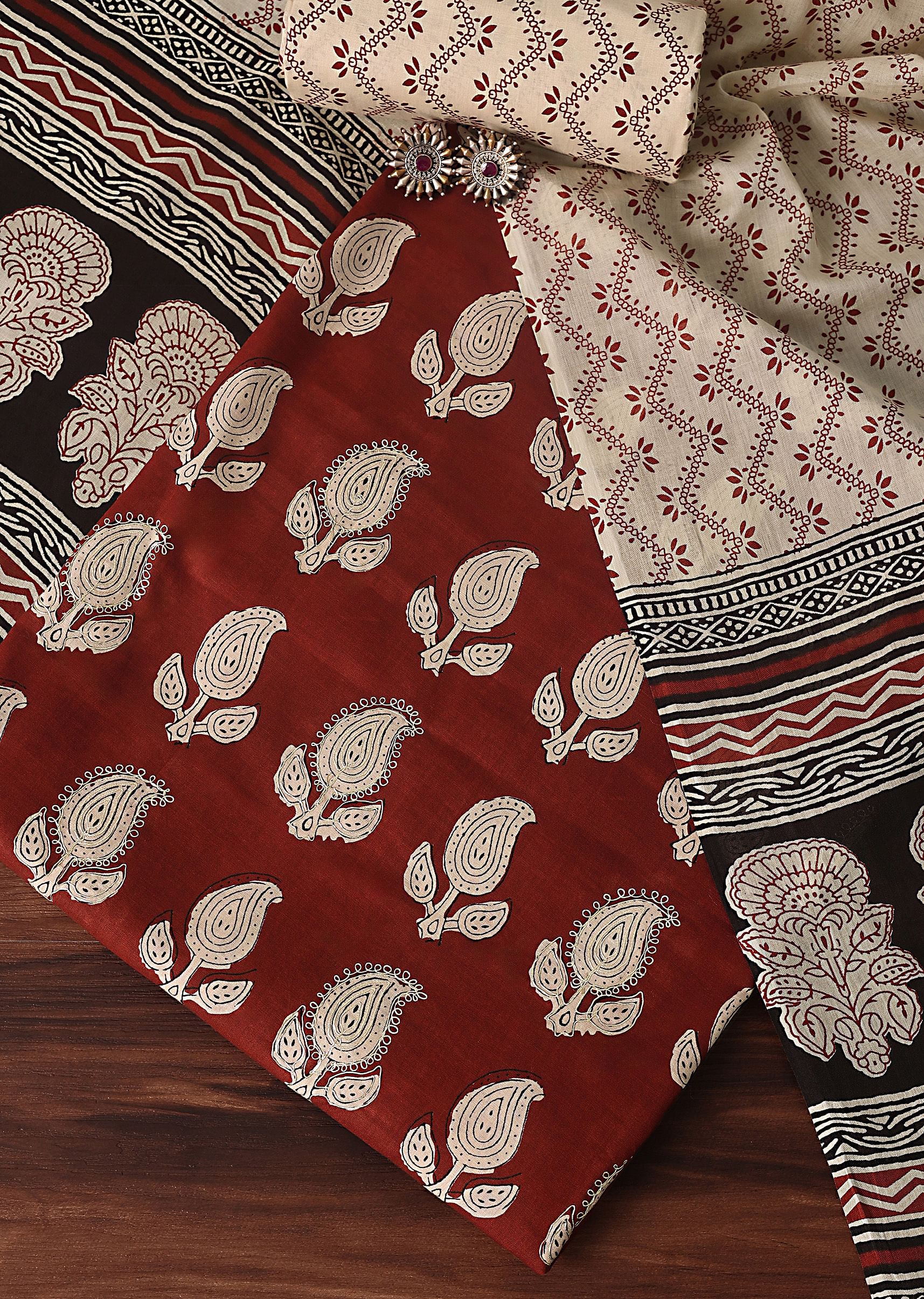 Buy Red Cotton Block Print Unstitched Dress Material