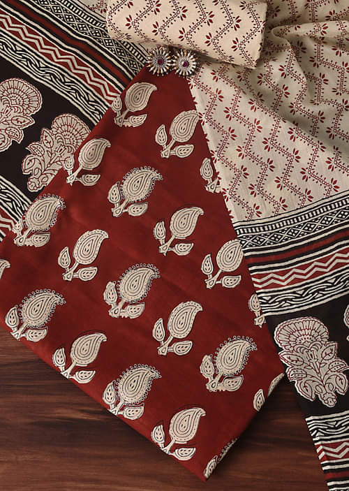 Buy Red Cotton Block Print Unstitched Dress Material Online in India