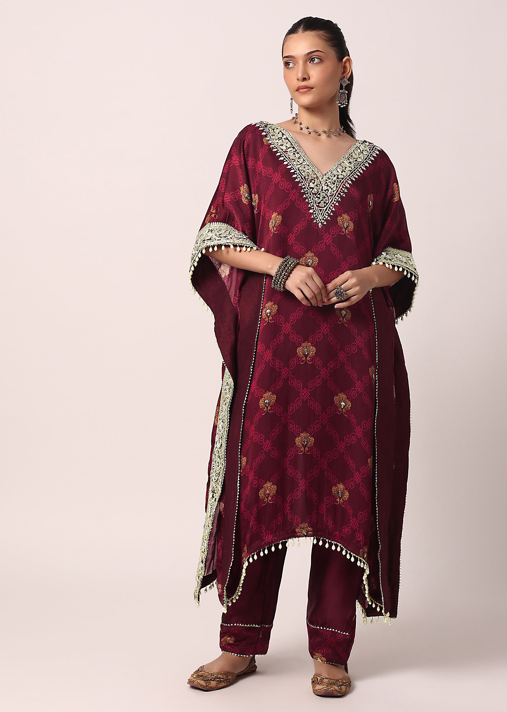 Buy Red Pant Set with Gota Patti Kaftan Kurta Online in India