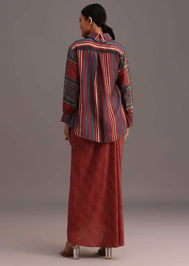 Red Ajrakh Printed Shirt And Croptop With Draped Skirt
