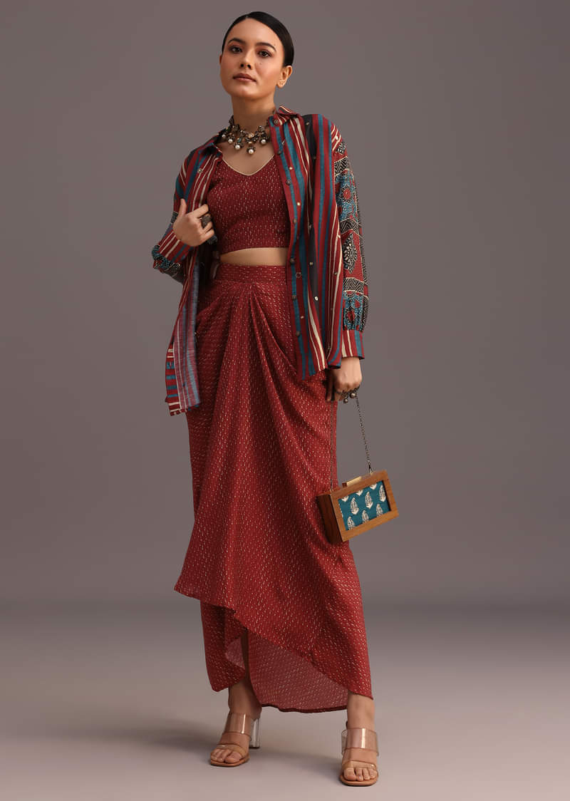 Red Ajrakh Printed Shirt And Croptop With Draped Skirt